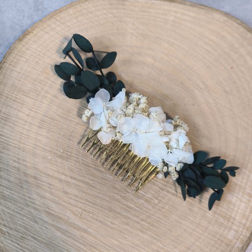 Pince peigne chignon fleurs éternelles bohème nature mariage mariée chic champêtre blanc et vert