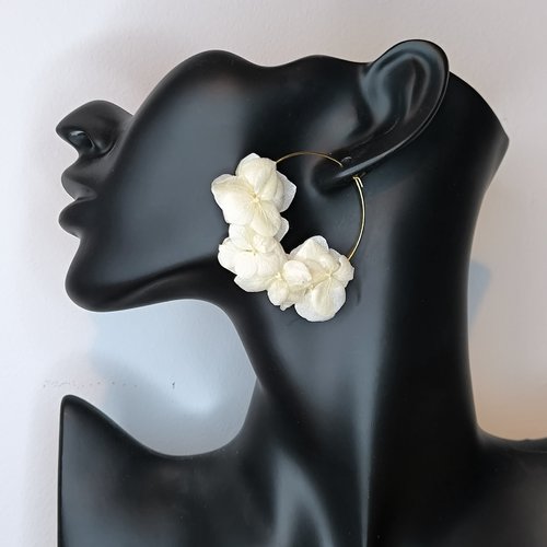 Créoles 40mm dorés fleurs éternelles blanches nature champêtre bohème chic mariage mariée