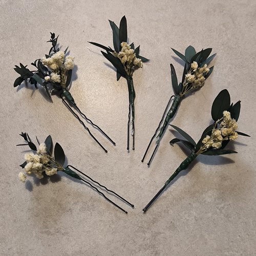 Lot de 5 épingles eucalyptus pointu gypsophile pour mariage mariée témoin bohème chic nature champêtre