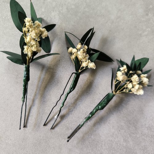 Lot de 3 épingles eucalyptus pointu gypsophile pour mariage mariée témoin bohème chic nature champêtre