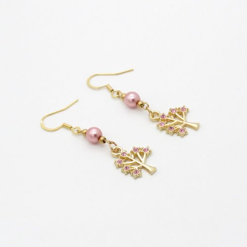 Boucles d'oreilles doré - arbre rose - "octobre rose"