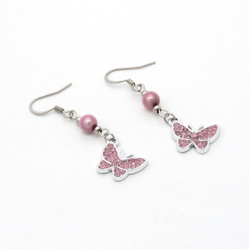 Boucles d'oreilles - papillon rose strassé