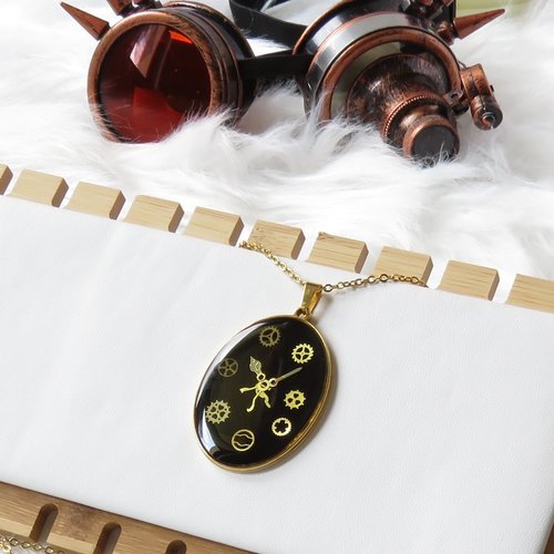 Collier large golden black oval – steampunk