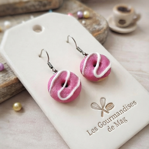 Boucles d'oreilles mini donuts rose et blanc gourmands