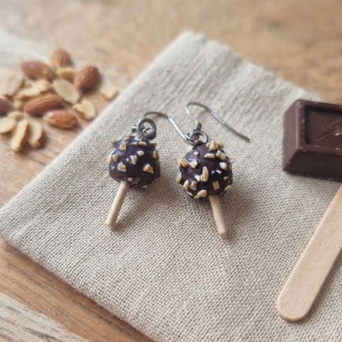 Boucles d'oreilles mini glaces rondes chocolat amandes gourmandes