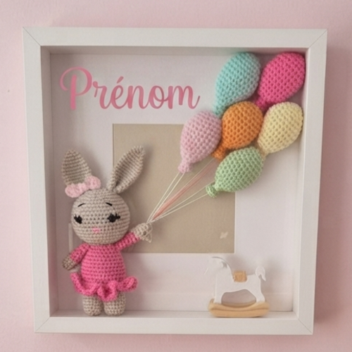 Cadre enfant personnalisable – lapin rose & ballons – cadre décoratif chambre enfant/bébé