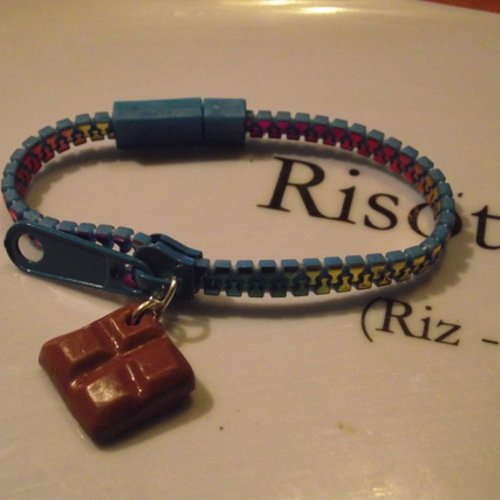  bracelet fashion  fermeture eclair zip-clip-bleu turquoise-deco breloque-choco