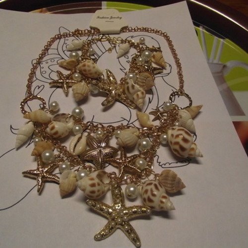 Parure collier 45-51cm -bracelet perle coquillage fantaisie longueur 23cm 