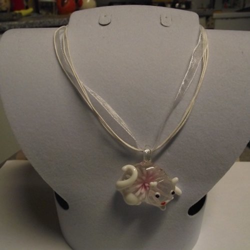 Collier -murano-gros chat-blanc-rose