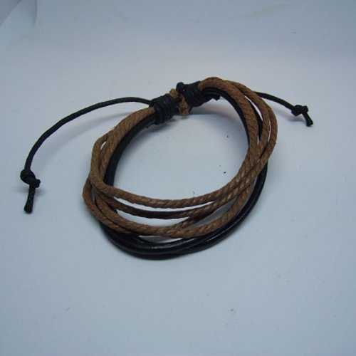 Bracelet réglable en cuir-marron foncer-lacer marron clair