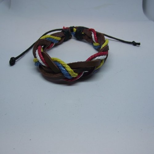 Bracelet réglable en cuir-marron-lacet rouge-bleu tresser