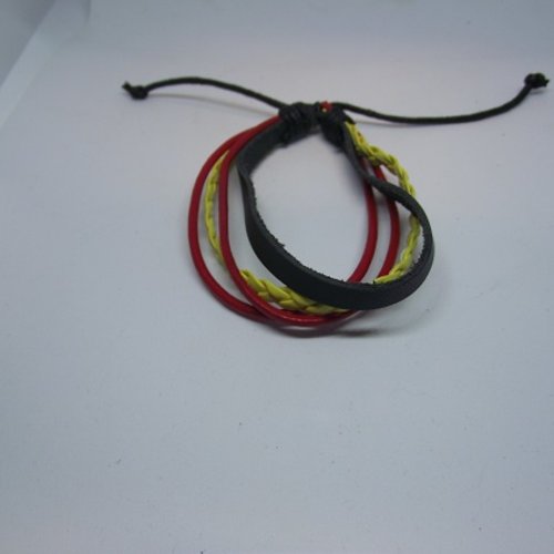 Bracelet réglable en cuir-noir-lanière jaune tresser-rouge