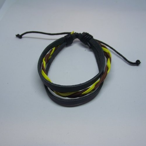 Bracelet réglable en cuir-noir-lanière marron jaune