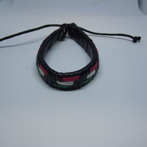 Bracelet réglable en cuir-noir-lanière rouge-blanc-vert