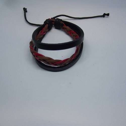 Bracelet réglable en cuir-noir-lanière rouge-marron tresser