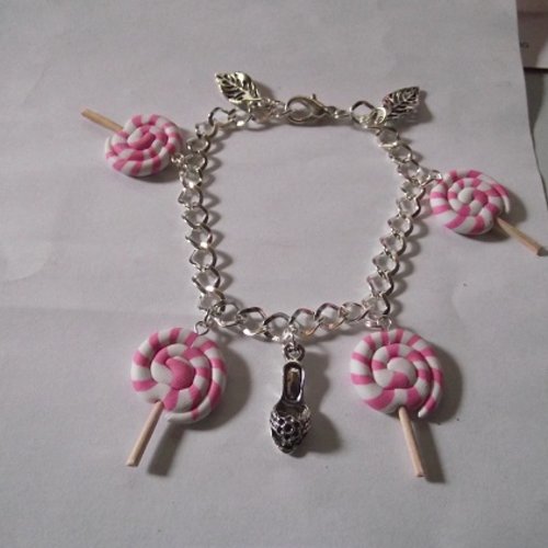 Bracelet réglable -sucette foraine-rose-blanc-décoration