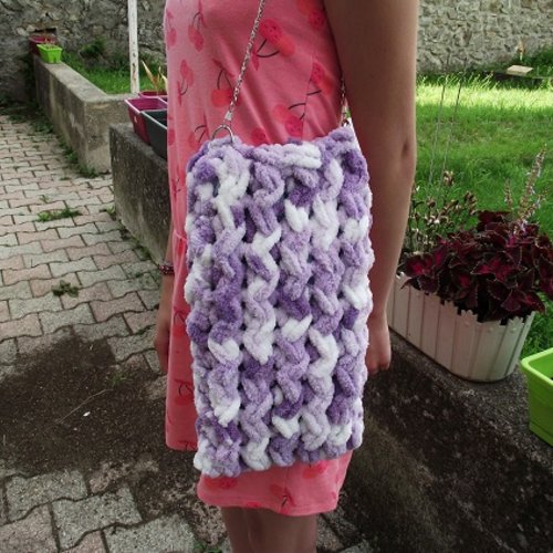 Sac en laine-laine spécial tricoter avec les doigts-violet-blanc -avec tissu intérieur-33 cm de long-21 cm de large