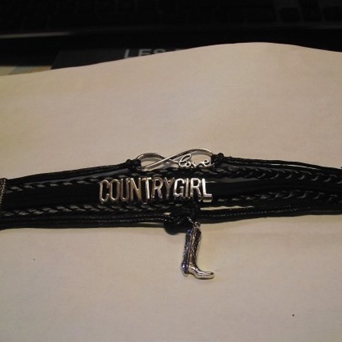 Bracelet country-noir-lanière -alliage-cuir-daim-cordon de cire-22 cm avec la chaînette