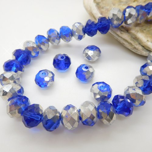 10 perles de verre , imitation cristal  bleu ,rondelle 8mm