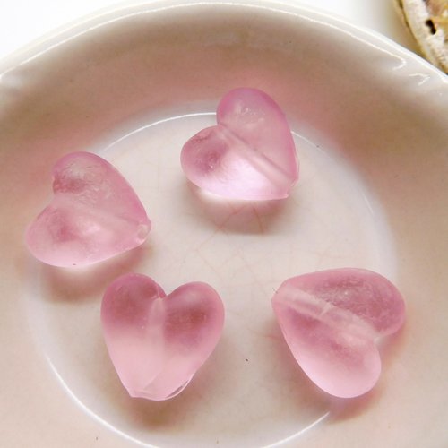 2 perles de verre coeur rose 15mm