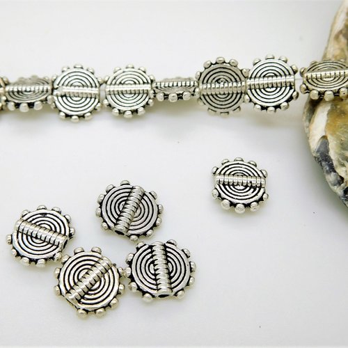 10 perles de métal argent avec motif  palets ronds 10mm