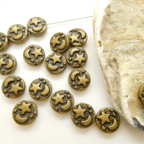 Perles bronze  pastilles ronde avec motifs lune et étoile 10mm
