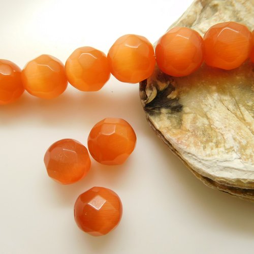 10 perles de verre orange 10mm oeil de chat  à facettes  grade a