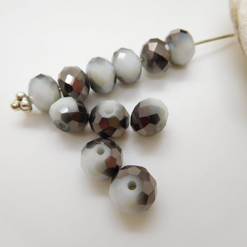 10 perles de verre blanc et noir imitation cristal rondelles à facettes 8mm x 6mm