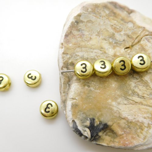 Perles chiffre 3 ,  perle dorée 7mm , numéro 3