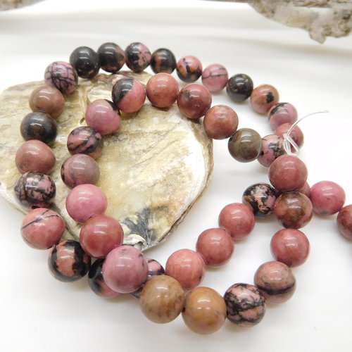 Perles rhodonite ronde 8mm , pierre naturelle rose et noire
