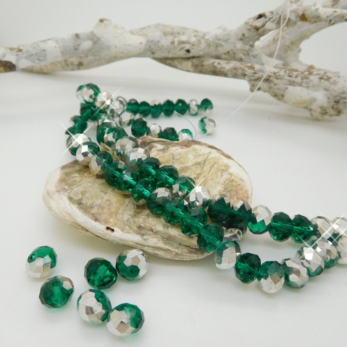 10 perles cristal à facettes  vert émeraude et argent 8mm , abacus ,rondelles