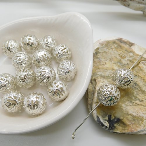 Perles filigrane métal argent rondes 12 ou 16 mm