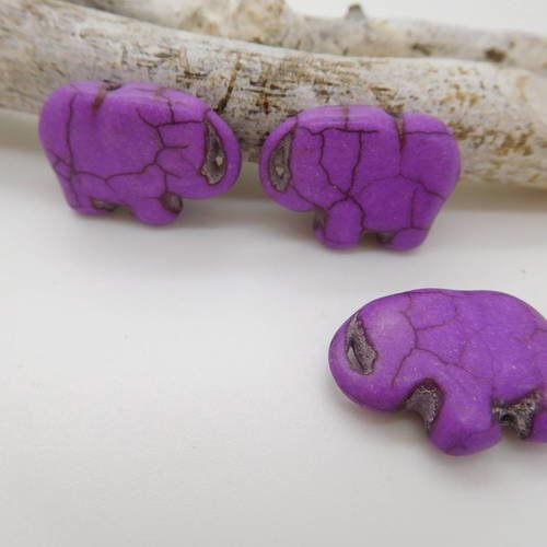 4 perles éléphants violet 20mm en pierre howlite teintée