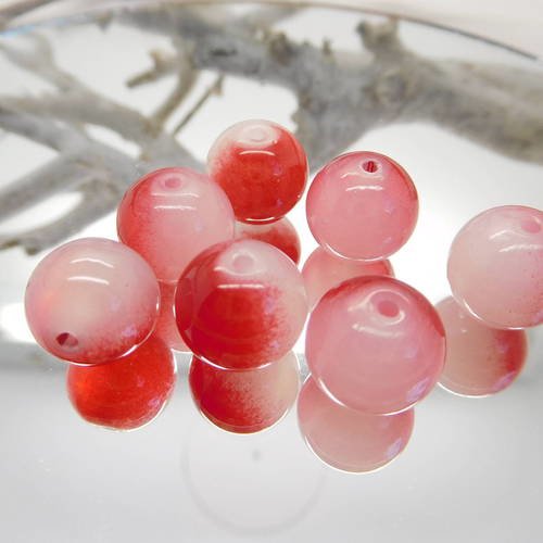 10 perles de verre rondes bicolore  blanc /  rouge 12 mm