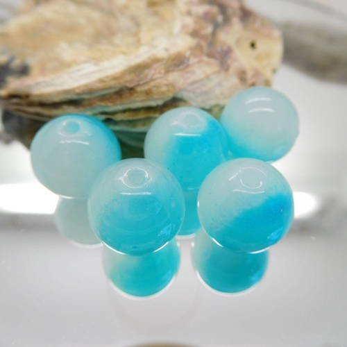 10 perles de verre rondes  bicolore  blanc / turquoise 12 mm