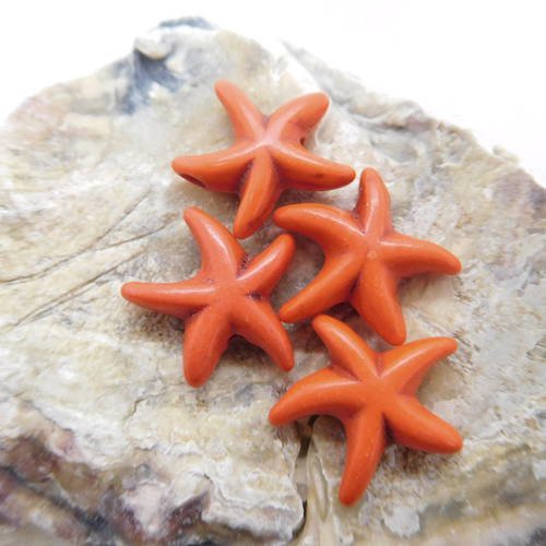 4 perles étoiles de mer orange  pierre teintée howlite 14mm