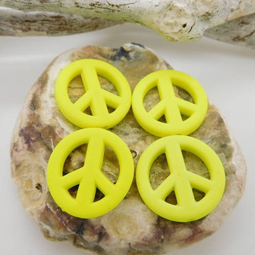 4 perles peace and love couleur jaune fluo 20mm