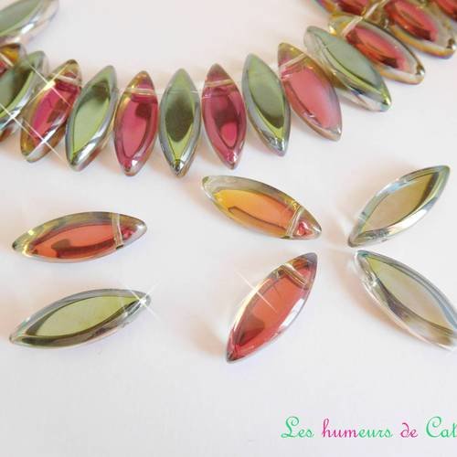 5 perles ovales irisées en verre rose/ vert 20x8x5mm 