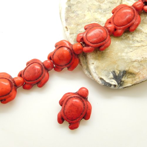 2 perles tortues rouges en pierre teintée howlite 18x15mm