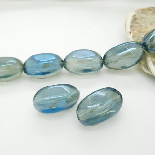 5 perles  ovales transparente  verre bleu   20mm