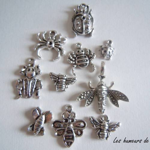10 breloques insectes en métal argent 