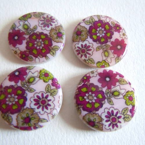 2 perles rondes  palet en nacre  avec motif fleur violette 20mm
