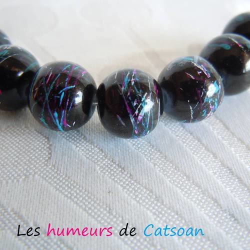 10 perles de verre  tréfilé ronde noir 10mm avec motif