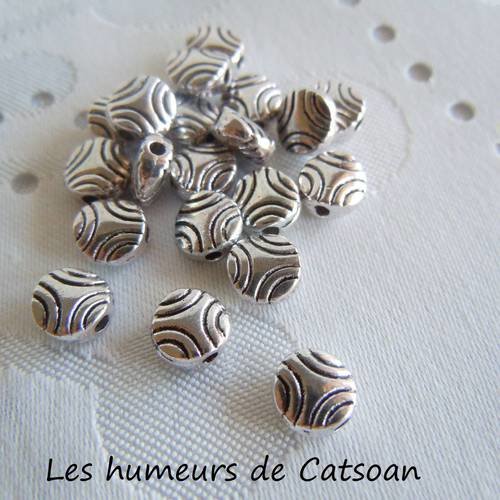10 perles de métal argent avec motif  palets ronds 6mm
