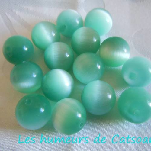 5 perles de verre oeil de chat vert menthe ronde 12mm