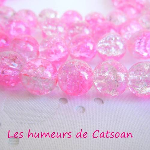 10 perles en verre craquelé rose forme ronde  10mm