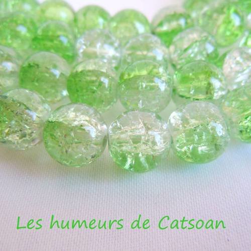 10 perles en verre craquelé  forme ronde bicolore vert 10 mm
