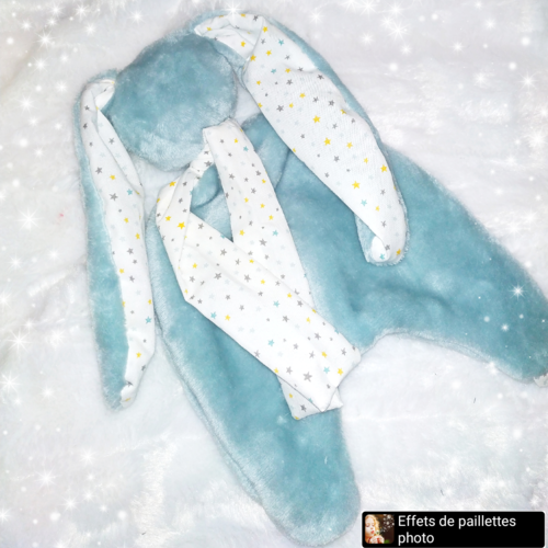 Doudou mou lapin vert d'eau