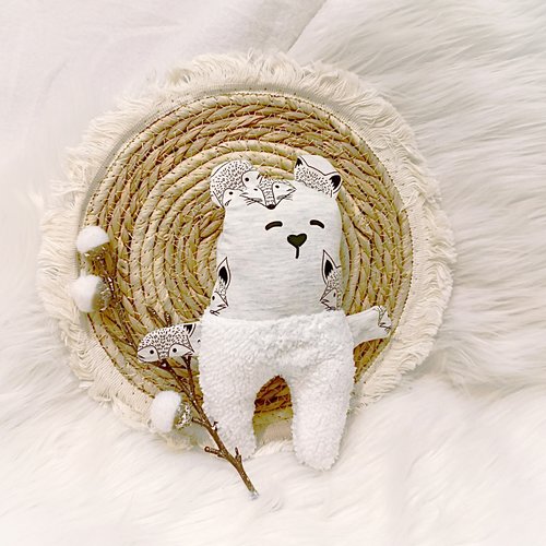 Joli doudou ourson écru motif renard