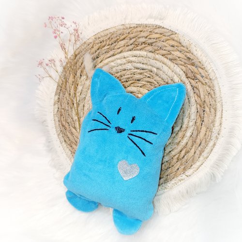 Doudou chat mignon bleu électrique coeur argent